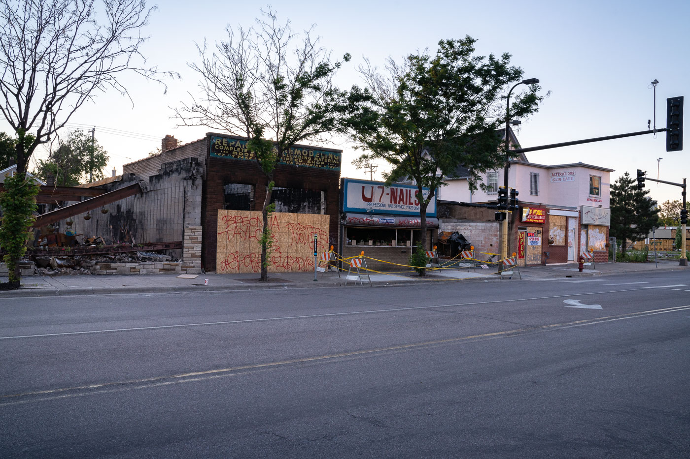 Riot damaged buildings on Chicago Ave in Minneapolis