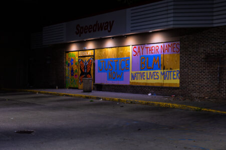 Speedway gas station with painted art boards in South Minneapolis.