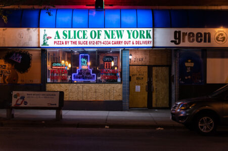 A Slice of New York on Nicollet Ave in Minneapolis with boards up following riots after the May 25th, 2020 death of George Floyd.