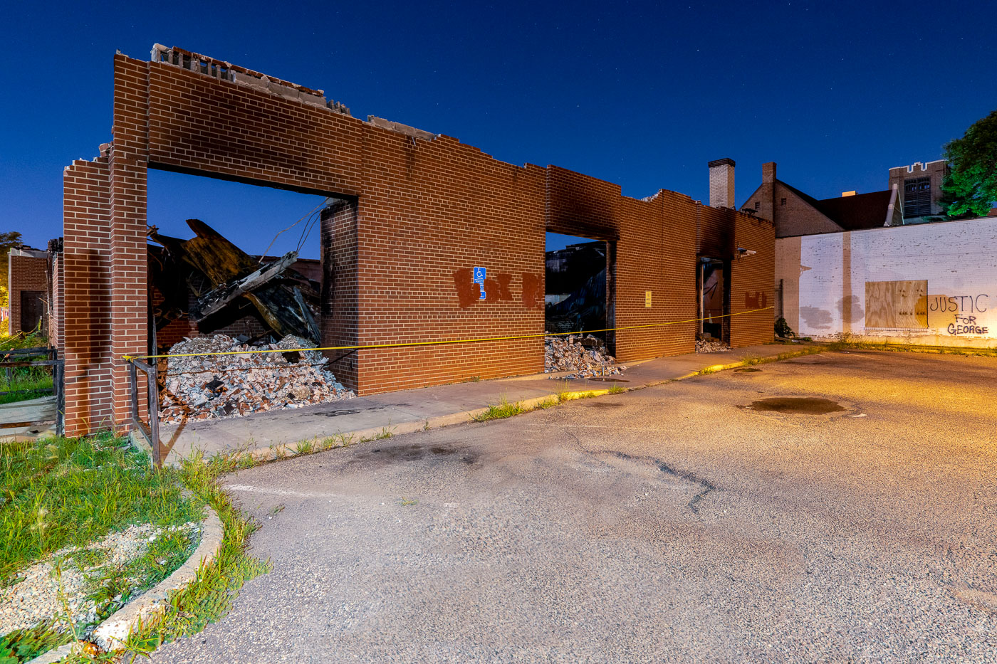 The remains of a burned out USPS post office