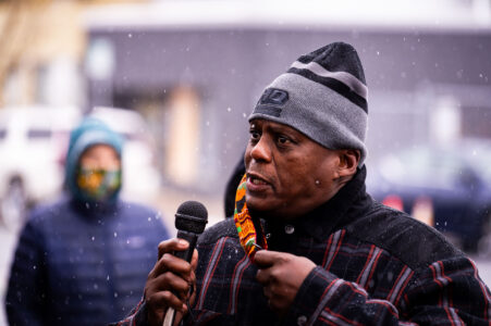 Michael Toussaint, the father of Myon Burrell, speaks at George Floyd Square. Myon Burrell was convicted of murder in 2002 in a case that has people calling for his exoneration. More info at myonburrell.com