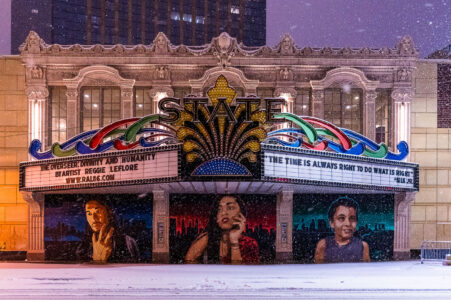 The State Theatre on Hennepin Avenue in Downtown Minneapolis during a November 10th snowstorm
