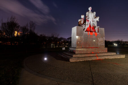 The Pioneers Statue vandalized in Minneapolis with "Decolonize" "Land Back" & "All Colonizers Are Bastards.