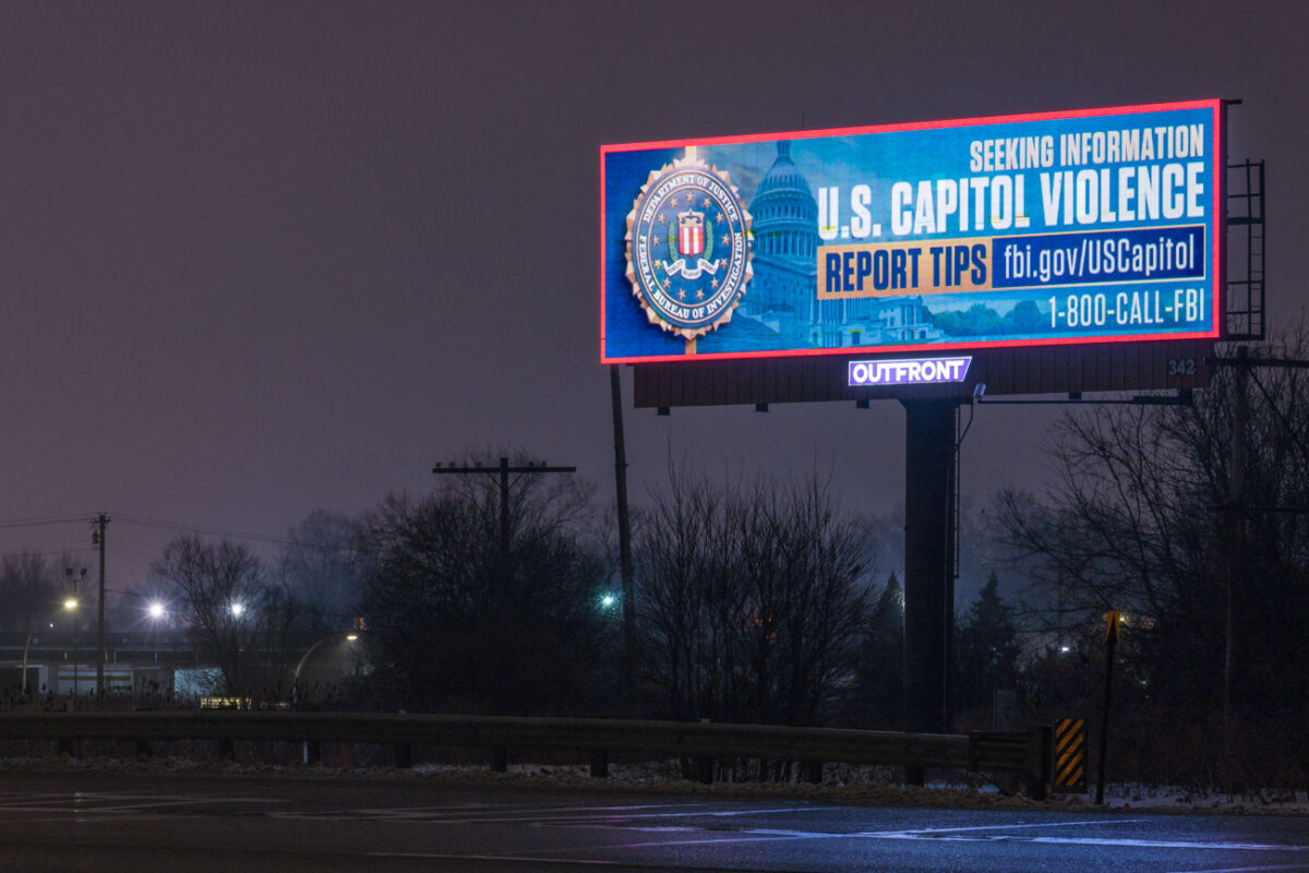 Digital billboard from the FBI "Seeking information" on "U.S. Capitol Violence" found in Eagan, Minnesota.