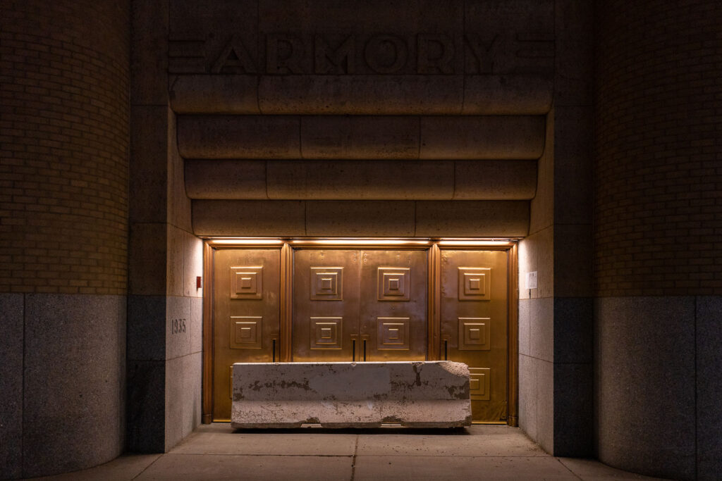Concrete barricades in front of doors at The Amory concert venue in downtown Minneapolis.