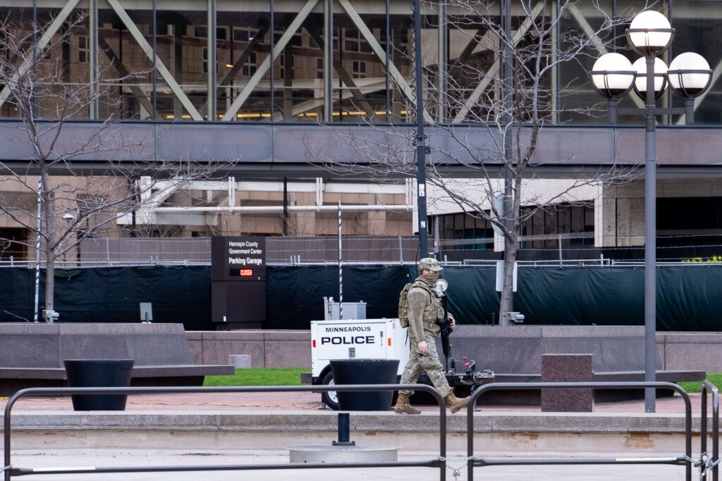 Minnesota National Guard patrolling inside the security cage around the Hennepin County Government Center where Derek Chauvin is being tried for the murder of George Floyd.