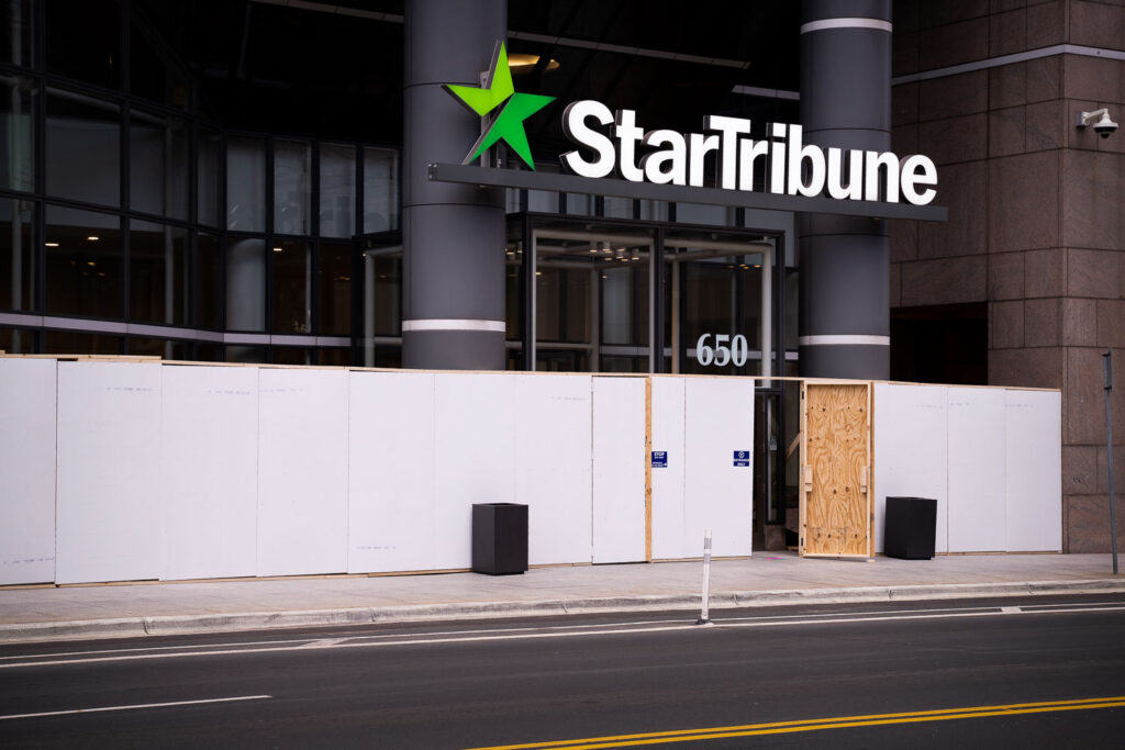 Boards at the Star Tribune across from the courthouse.