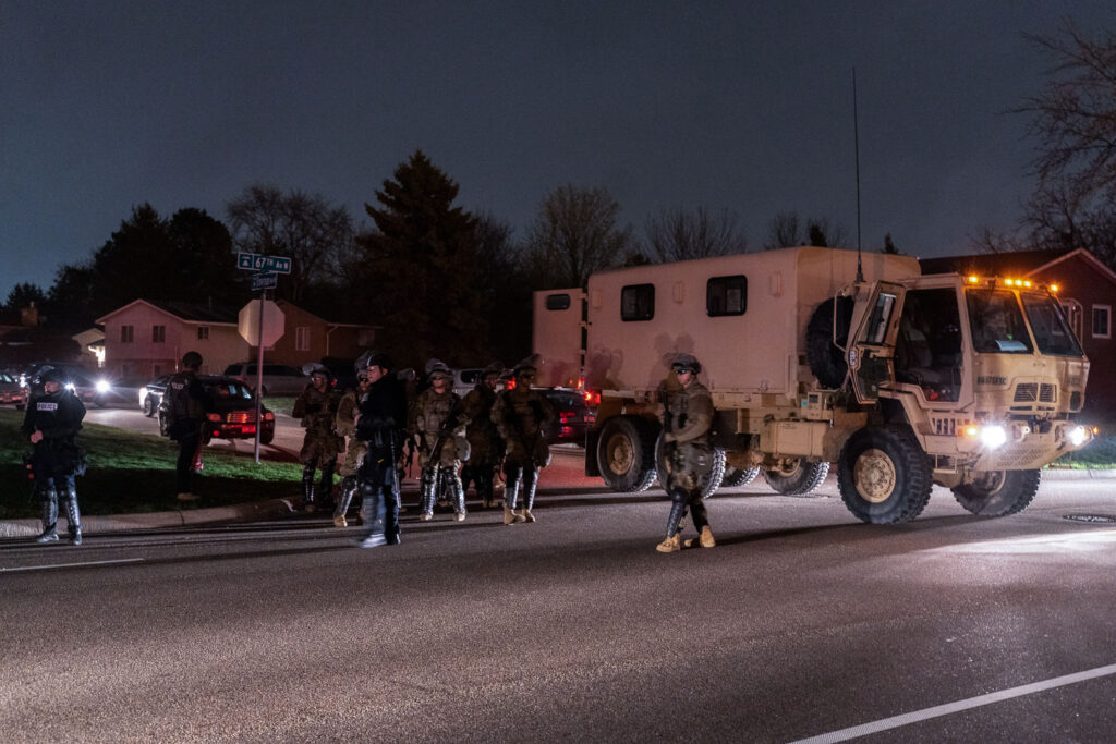 The Minnesota National Guard first arriving near the Brooklyn Center Police Headquarters.