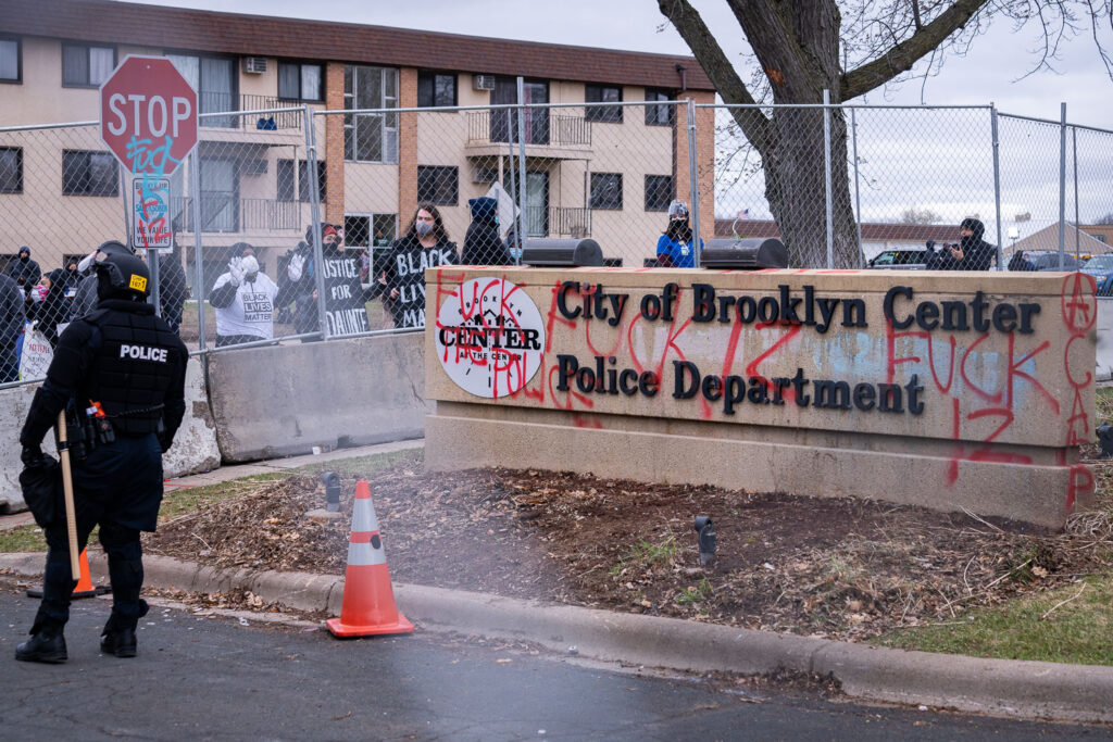 Protesters and police at the Brooklyn Center Police Department after the officer involved shooting of Daunte Wright on April 11th, 2021.