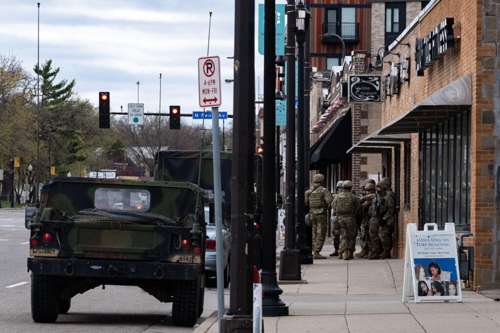 The National Guard standing on the streets of North Minneapolis after Brooklyn Center Police Officer Kim Potter shot and killed 20 year old Daunte Wright.