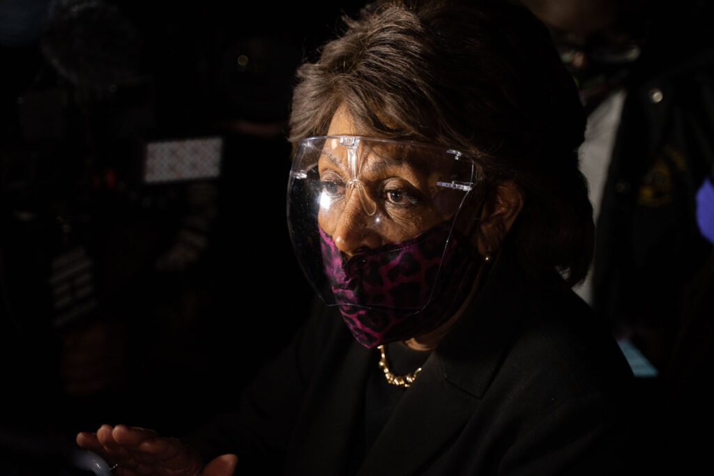 US Rep. Maxine Waters of California speaks to protesters who have gathered for the 7th consecutive day outside the Brooklyn Center Police Department. They are protesting the April 11th shooting of Daunte Wright by a Brooklyn Center Police Officer.