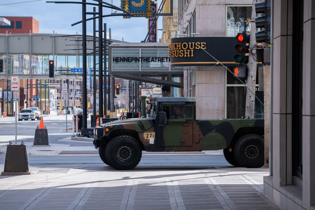 A Minnesota National Guard vehicle parked on Nicollet Mall in Downtown Minneapolis.