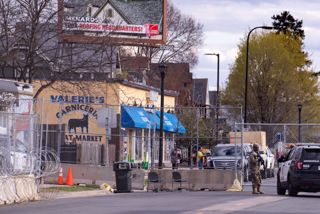The National Guard outside a heavily fortified Minneapolis Police Fifth Precinct in South Minneapolis.