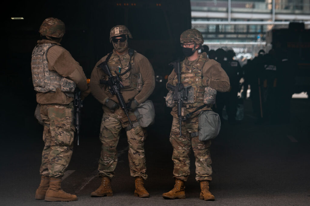 National Guard Members stand outside the Hennepin County Government Center on the day a verdict was announced in the Derek Chauvin murder trial.
