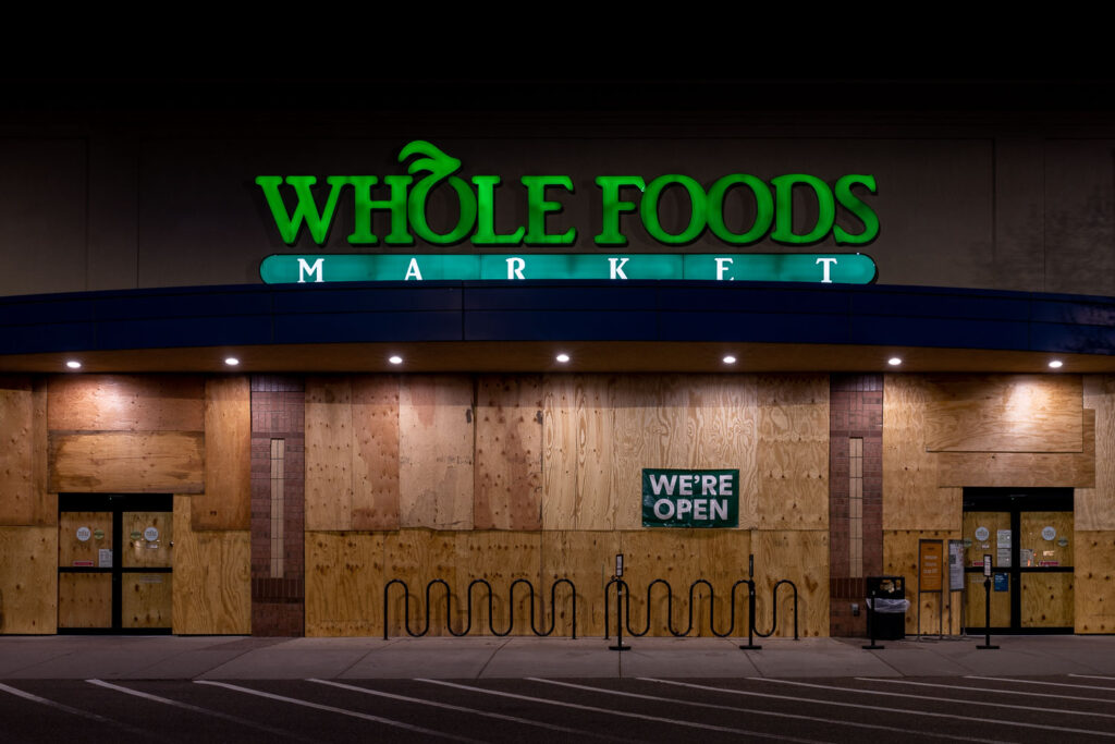A Whole Foods store is boarded up in preperation for possible unrest over a verdict in the Derek Chauvin murder trial.