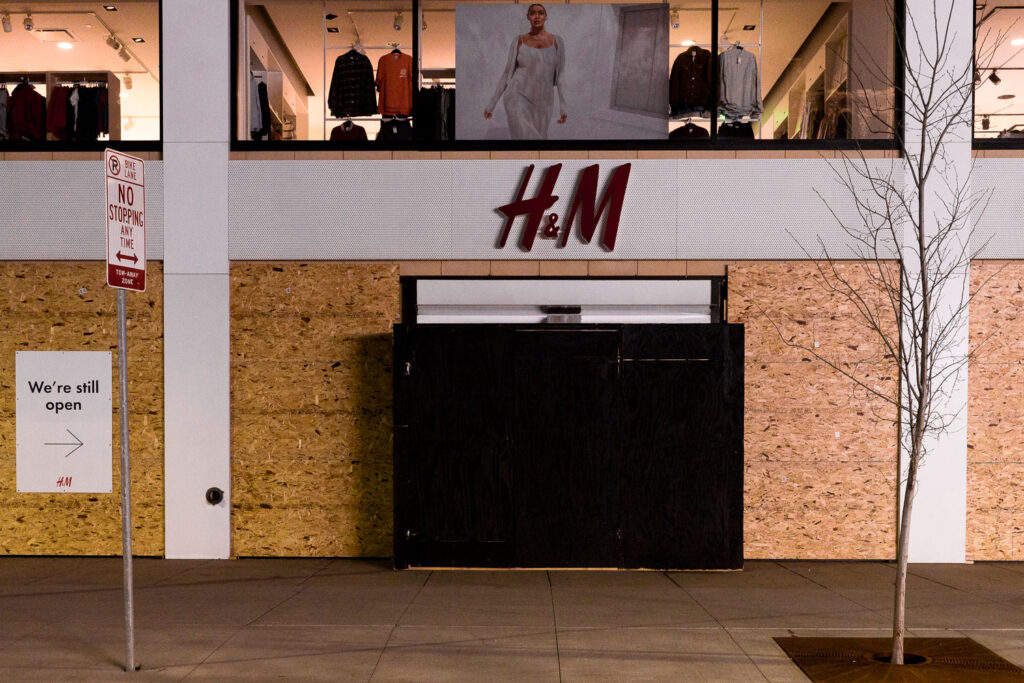 The H&M Store at Hennepin Ave in Minneapolis boarded up over possible unrest over the Derek Chauvin murder trial.