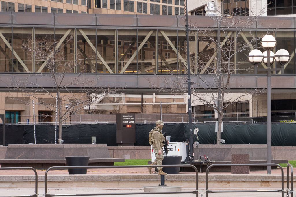 April 2, 2021 - Minneapolis -- The National Guard walks around inside the security cage at the Hennepin County Government Center where Derek Chauvin is on trial for murder.