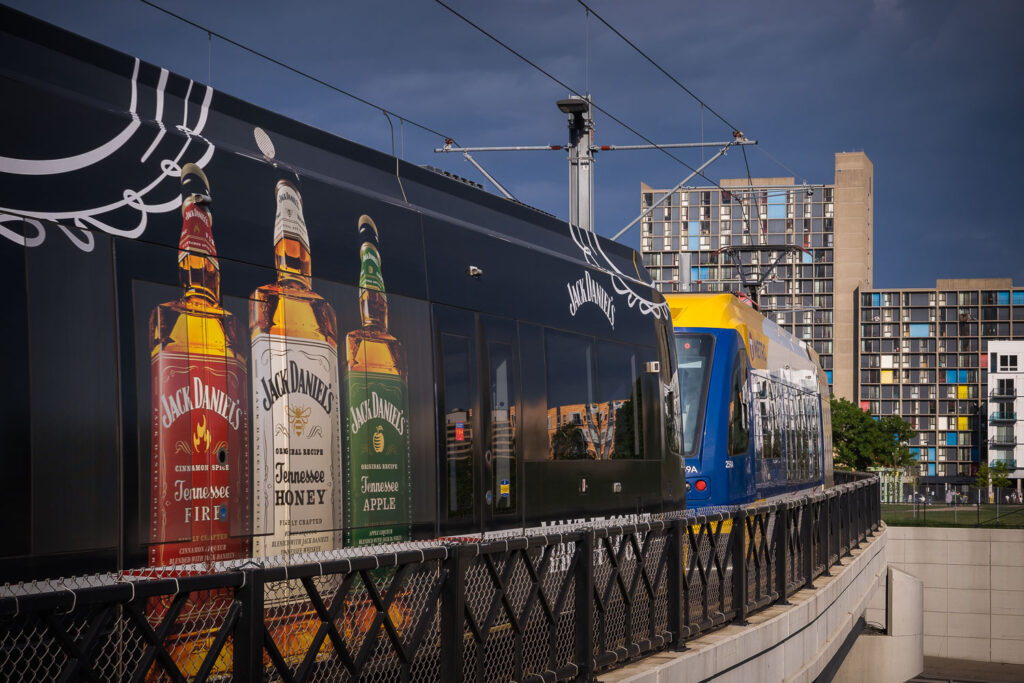 A Jack Daniel's wrapped light rail train in Minneapolis, Minnesota