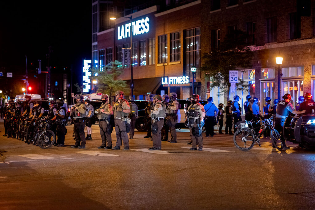Hennepin County Sheriff Officers along with Minneapolis Police respond to protests at Lake & Girard.