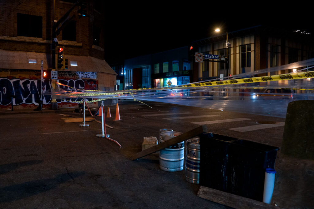 Protest street barricades at Hennepin and Lake during protests over the deaths of Winston Smith and Deona Marie.