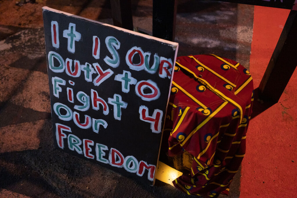 A sign at George Floyd Square reading "It is our duty to fight 4 our freedom"