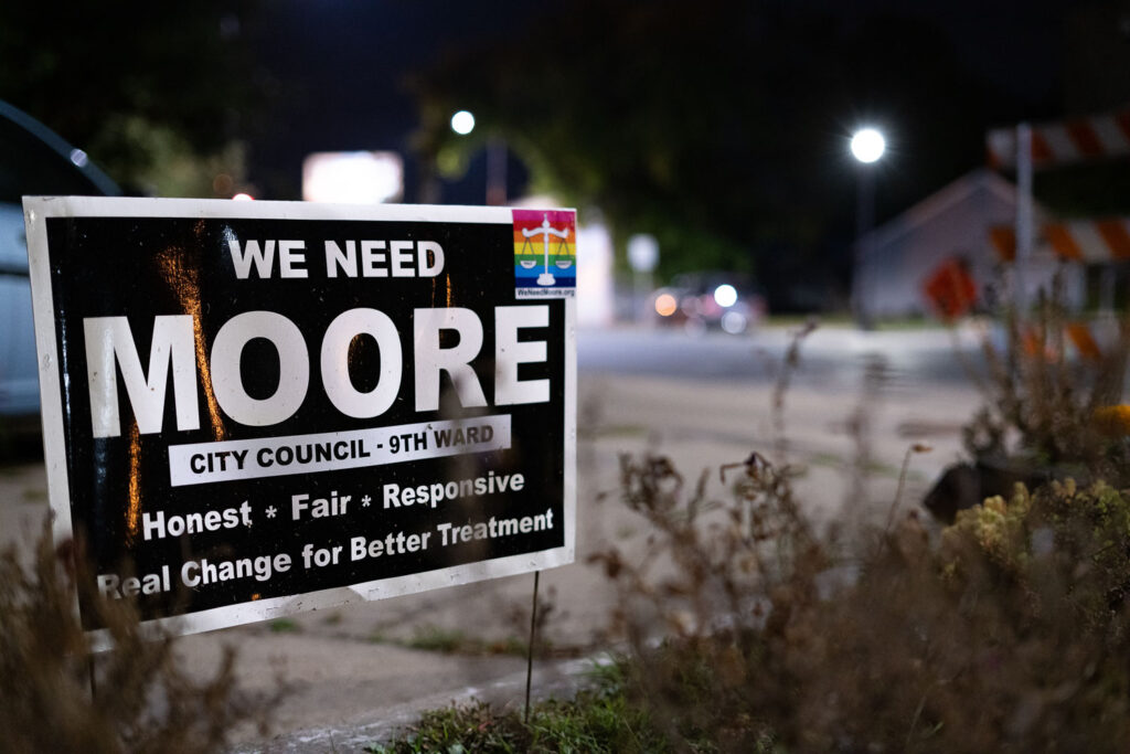 A Mickey Moore yard sign as seen in South Minneapolis. Moore is running for City Council 9th Ward.