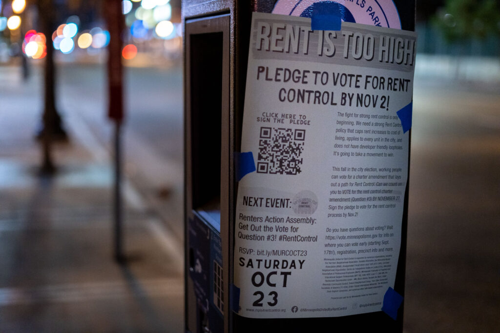 A poster regarding the rent control question thats on the Minneapolis ballot for the November 2nd election seen in Uptown Minneapolis.