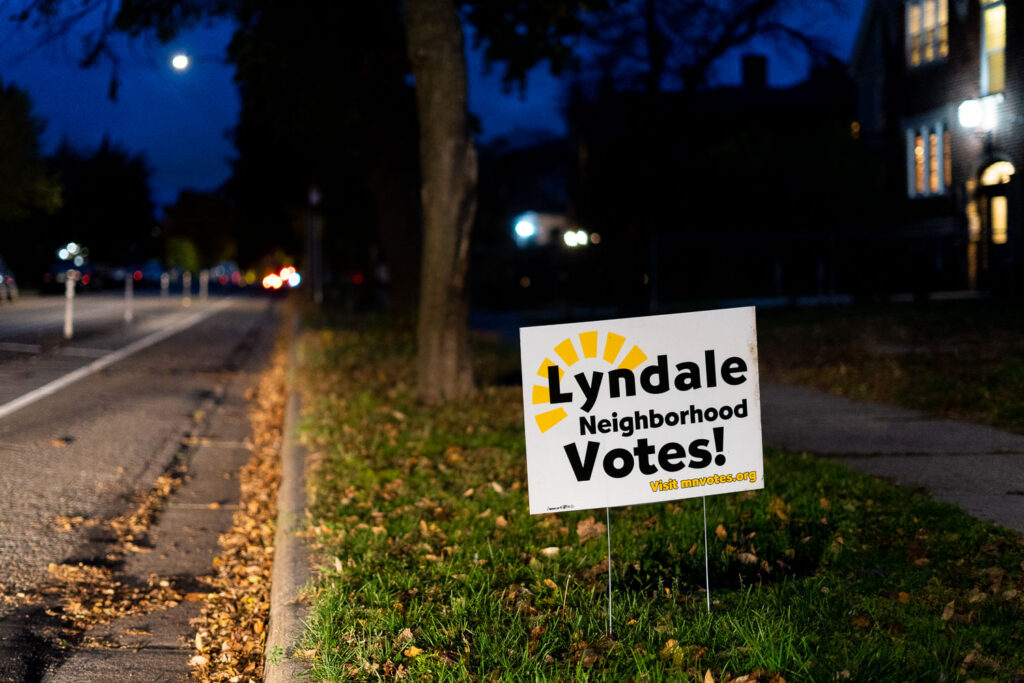 A yard sign reading "Lyndale Neighborhood Votes" seen in South Minneapolis.