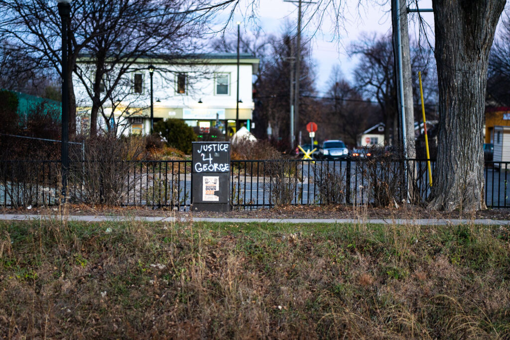 A utility box with "Justice 4 George" written on it near 38th street in South Minneapolis.