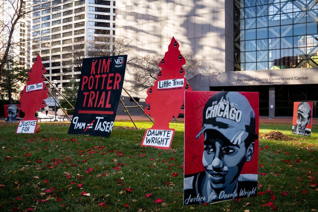 As the 1st juror is selected on day one of the Potter trial, a small group of community activists and protesters are outside the Hennepin County Gov Center with large air fresheners in the grass. A prosecutor previously said officers noticed an air freshener hanging from mirror.