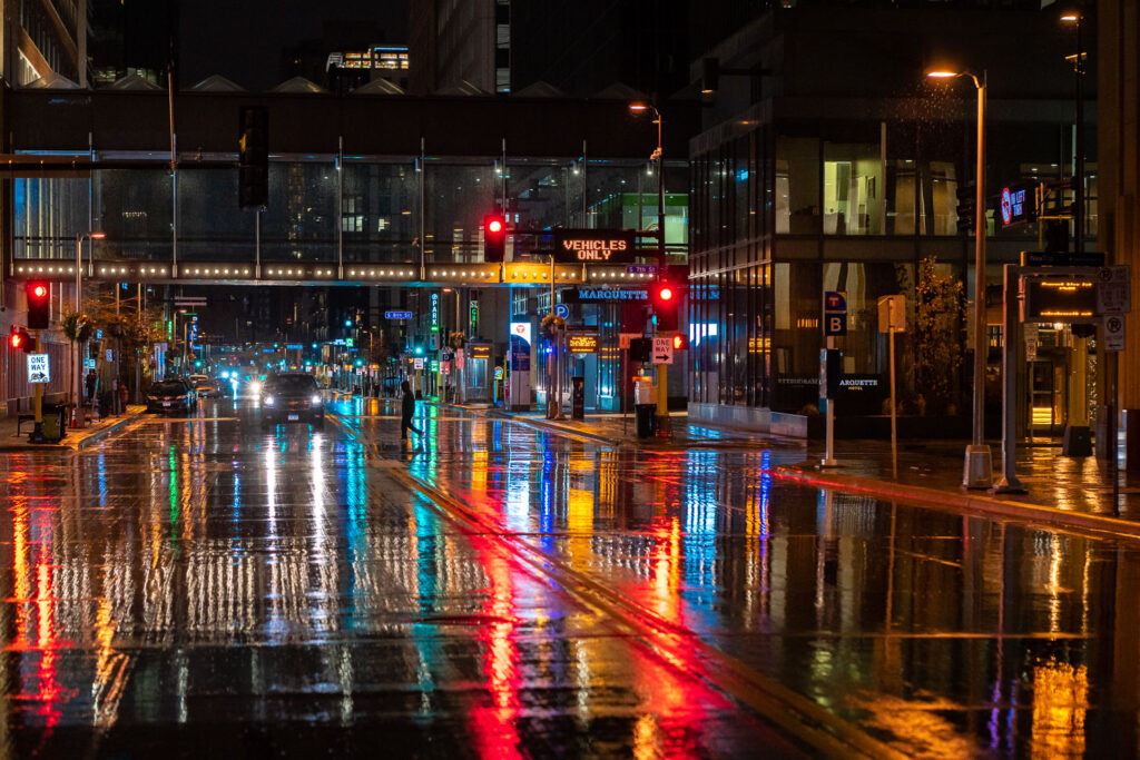 Marquette Avenue in Downtown Minneapolis during a December rain.