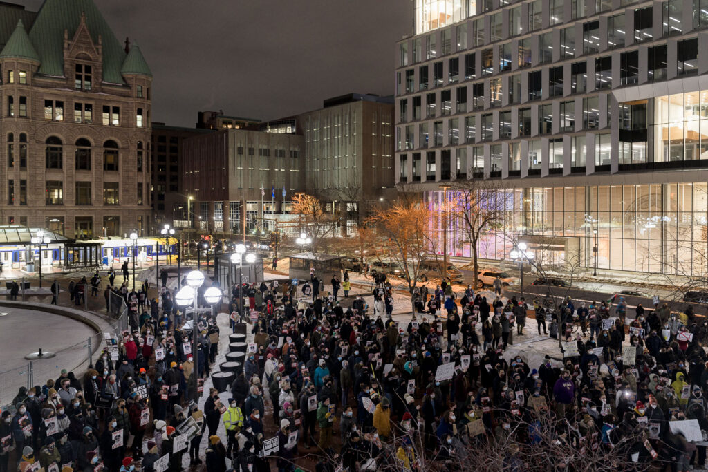 Protesters march through Downtown Minneapolis after demanding the Mayor resign following the Minneapolis Police shooting death of Amir Locke during a no-knock search warrant.