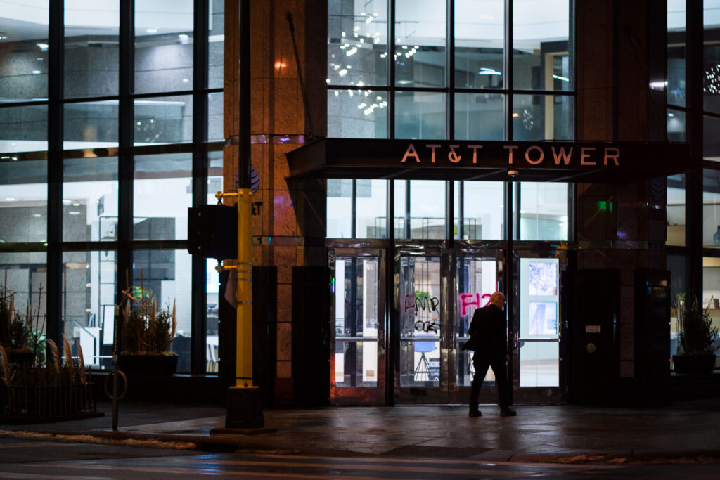 The AT&T Tower following protests over the death of Amir Locke.