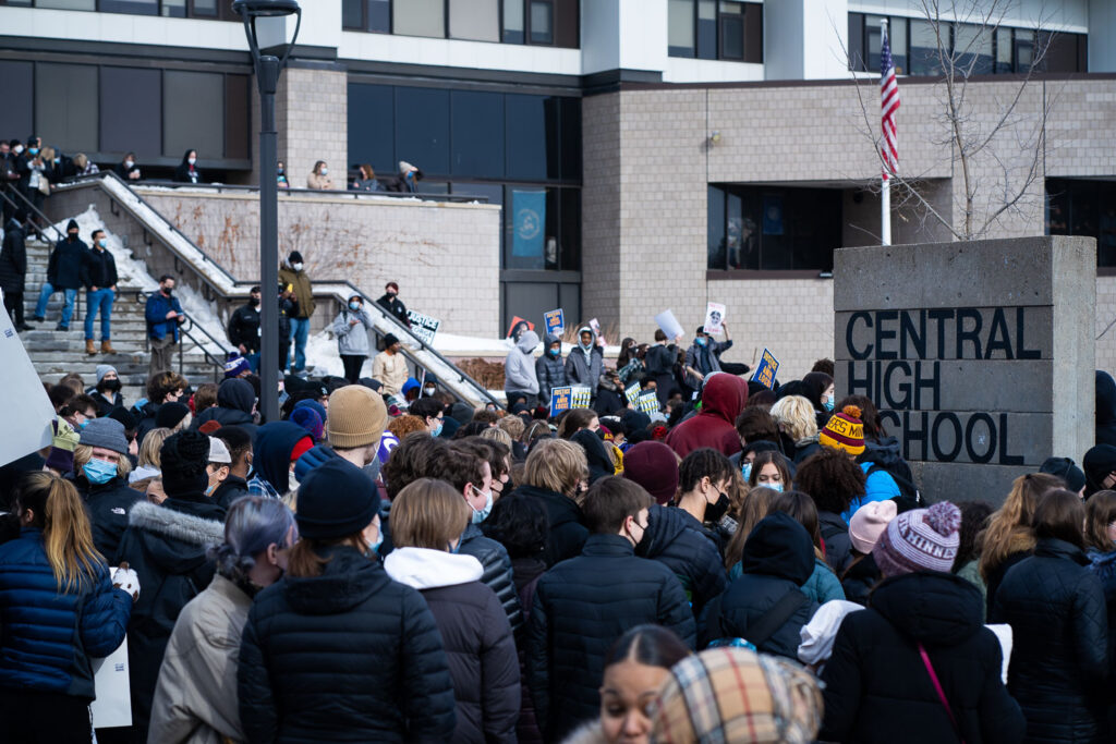 High school students from around the area walked out at noon to march to the Minnesota Governor's Mansion. They are demanding justice for Amir Locke as well as the resignation of interim Minneapolis Police Chief Amelia Huffman and Minneapolis Mayor Jacob Frey.