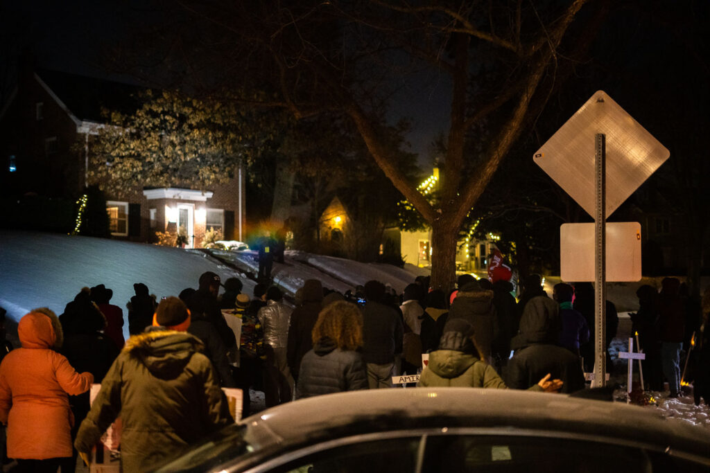 Activists spoke and led chants outside the home of Minneapolis Police Chief Huffman following last weeks killing of Amir Locke by MPD. To neighbors: “Come down here & hold your murderous cop neighbor accountable!" “Hey hey! ho ho! amelia huffman has got to go!” Windchill: -7°F