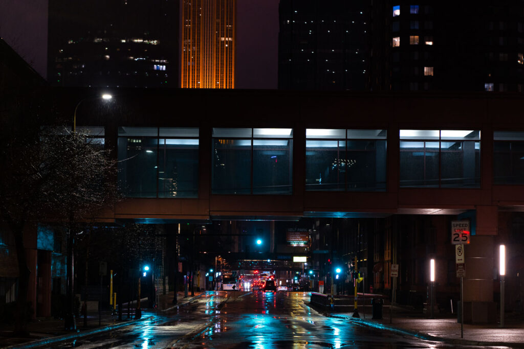 Downtown Minneapolis on a rainy spring evening.