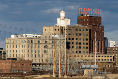 The former Pillsbury flour mills as seen from downtown Minneapolis.