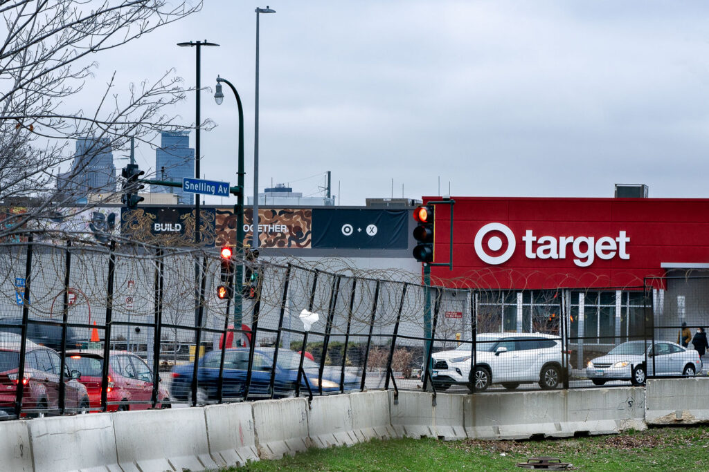 Razorwire surrounding the Minneapolis Police Third precinct and the Target store across the street. Target was re-built after damage during May 2020 unrest over the murder of George Floyd.
