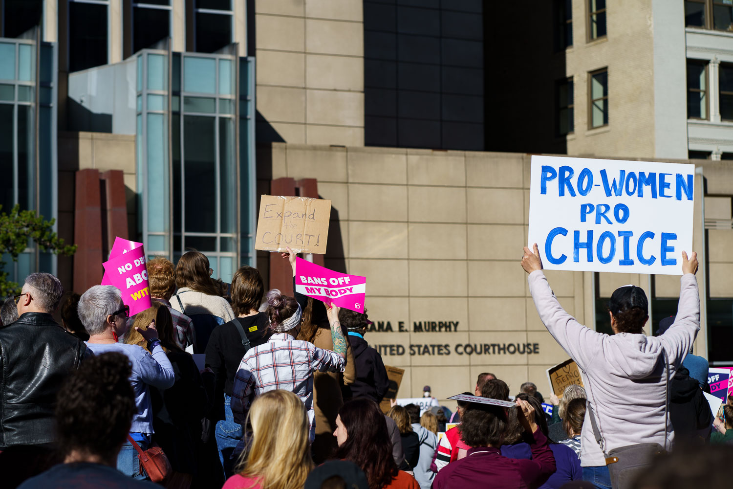 Protesters gather at the federal courthouse in downtown Minneapolis in support of abortion rights.