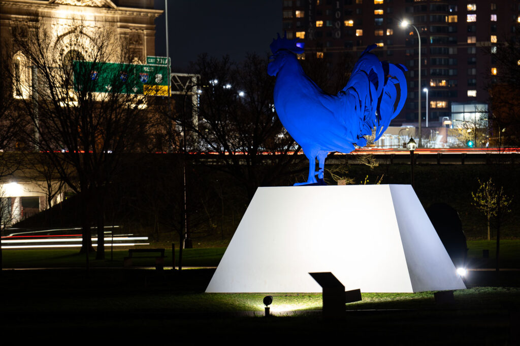 Giant blue chicken in the Walker Sculpture Garden in Minneapolis.