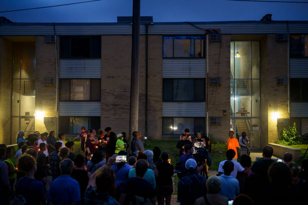 Protesters speak outside of the apartment that Tekle Sundberg was shot and killed by Minneapolis Police on July 14th, 2022.