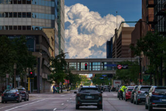 Big clouds in downtown Minneapolis on August 3, 2023.