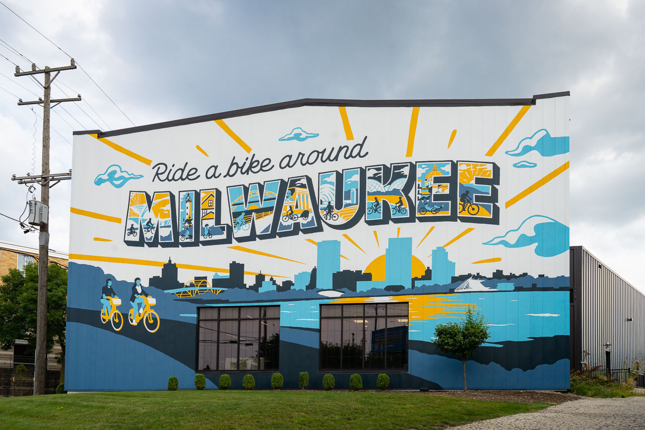 Mural on the side of Wheel & Sprocket bike shop in Milwaukee. August 2023.