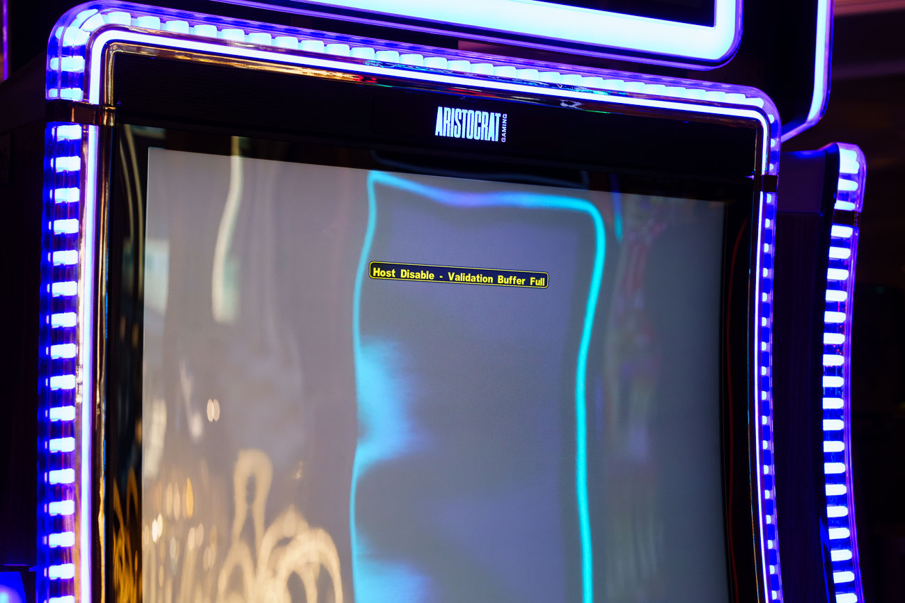 Slot machines at the Bellagio resort in Las Vegas with error messages on September 15th, 2023 following a ransomware attack that became public days prior.