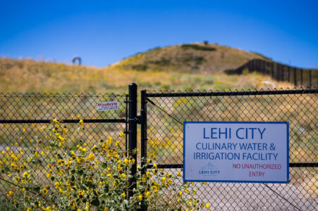 A sign at the gate of the Lehi City Culinary Water & Irrigation Facility in Lehi, Utah.