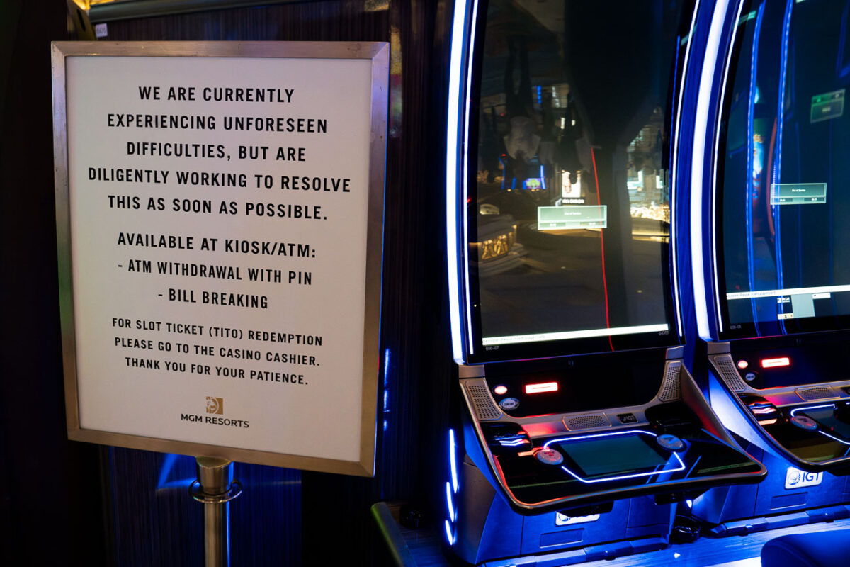 Slot machines at the Bellagio resort in Las Vegas with error messages on September 15th, 2023 following a ransomware attack that became public days prior.