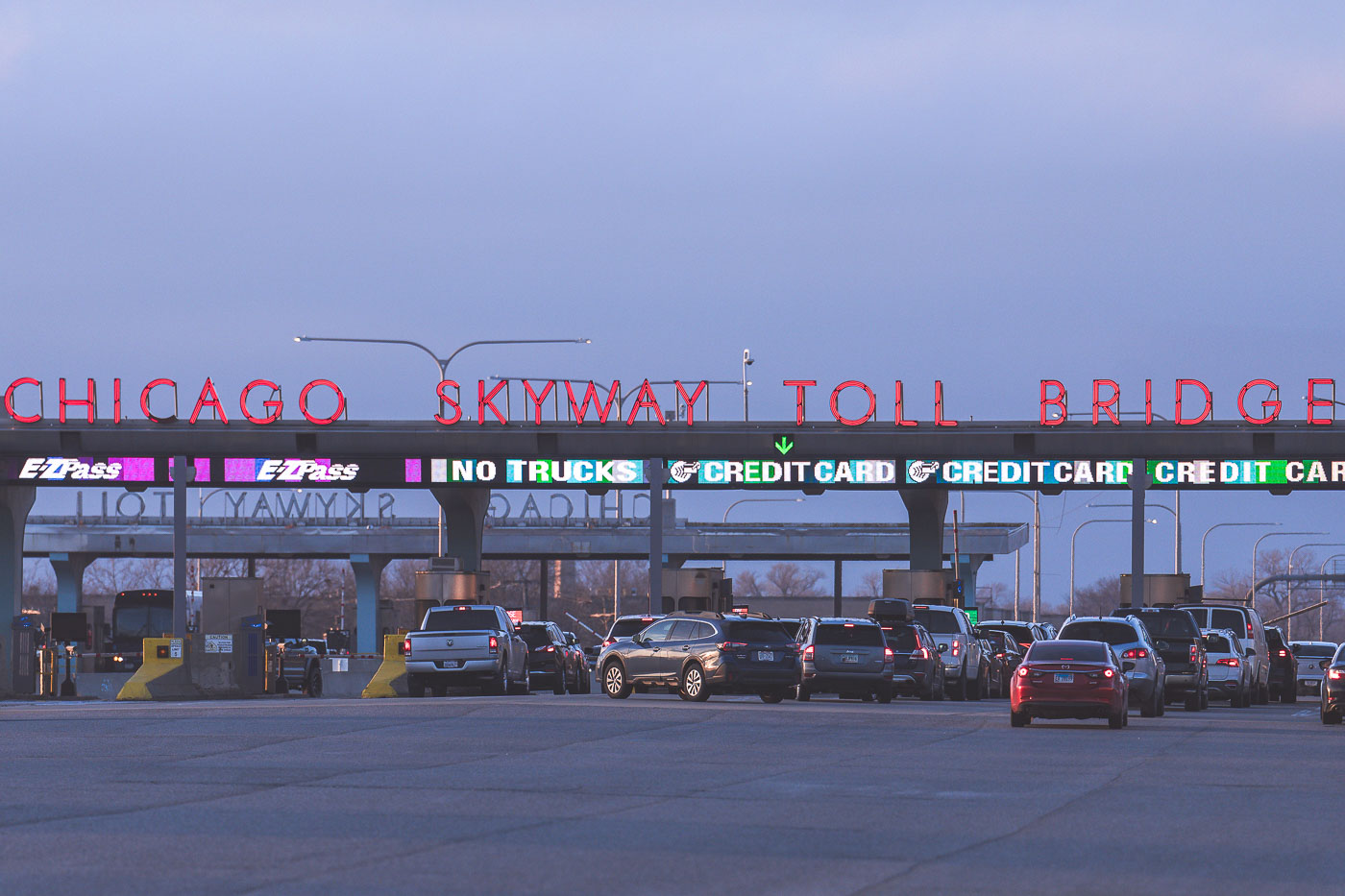 Chicago Skyway Toll Bridge sign lit up red