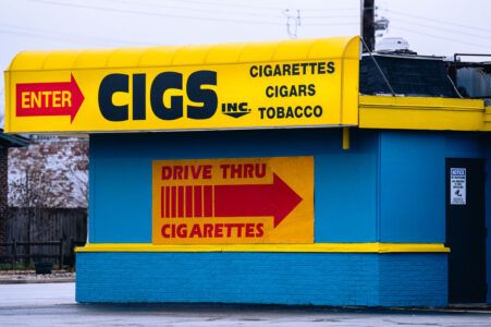 A drive thru cigarettes store in Whiting, Indiana on Indianapolis Blvd shortly after entering from Illinois.