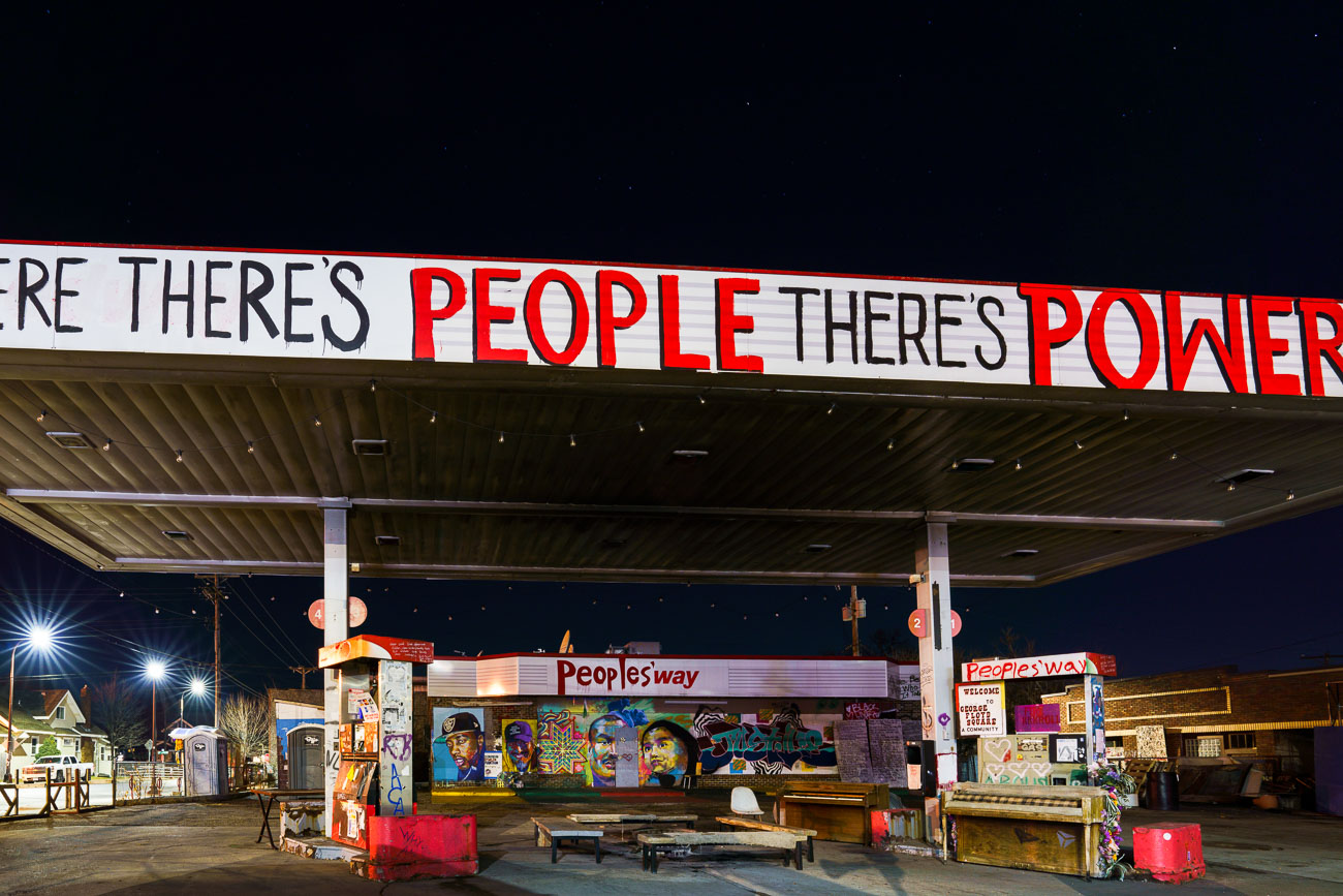 Peoples Way at George Floyd Square. The one time Speedway gas station has become a protest zone and community meeting spot since George Floyd was murdered in May 2020. The ciy of Minneapolis purchased the building earlier this year.
