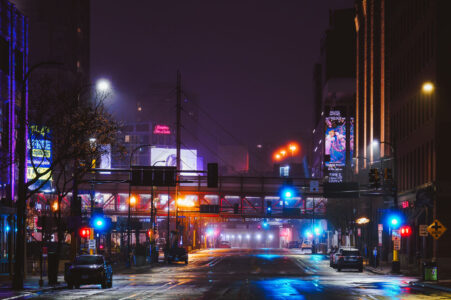 North 1st Avenue in Downtown Minneapolis on a foggy warm January night in 2024.
